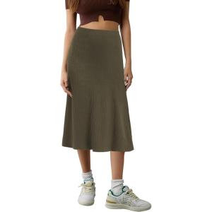 imageUrban CoCo Womens Elastic High Waist ALine Flared Solid Ribbed Knit Midi SkirtArmy Green