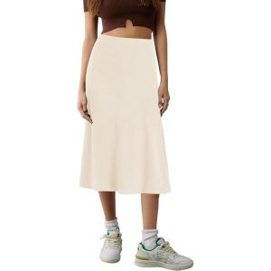 imageUrban CoCo Womens Elastic High Waist ALine Flared Solid Ribbed Knit Midi SkirtBeige