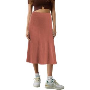 imageUrban CoCo Womens Elastic High Waist ALine Flared Solid Ribbed Knit Midi SkirtBurnt Brick