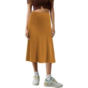 imageUrban CoCo Womens Elastic High Waist ALine Flared Solid Ribbed Knit Midi SkirtCamel