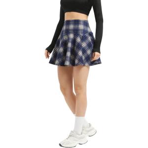 imageUrban CoCo Womens Vintage Elastic Waist Plaid Flared Mini Skater SkirtBlue Grey