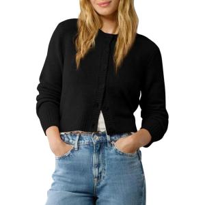 imageUrban CoCo Womens Crew Neck Cropped Cardigan Sweaters Long Sleeve Open Front Button Down Shrug Sweater JacketsBlack