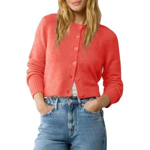 imageUrban CoCo Womens Crew Neck Cropped Cardigan Sweaters Long Sleeve Open Front Button Down Shrug Sweater JacketsCoral Red
