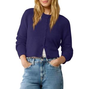 imageUrban CoCo Womens Crew Neck Cropped Cardigan Sweaters Long Sleeve Open Front Button Down Shrug Sweater JacketsNavy Blue