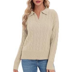 imageUrban CoCo Womens Long Sleeve V Neck Pullover Polo Sweater Tops Cable Knit Sweaters Winter Trendy OutfitsApricot