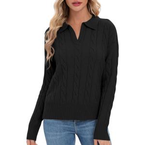 imageUrban CoCo Womens Long Sleeve V Neck Pullover Polo Sweater Tops Cable Knit Sweaters Winter Trendy OutfitsBlack