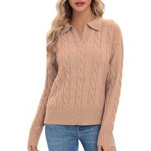 imageUrban CoCo Womens Long Sleeve V Neck Pullover Polo Sweater Tops Cable Knit Sweaters Winter Trendy OutfitsCamel