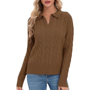 imageUrban CoCo Womens Long Sleeve V Neck Pullover Polo Sweater Tops Cable Knit Sweaters Winter Trendy OutfitsChocolate