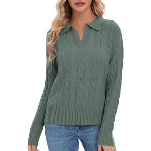 imageUrban CoCo Womens Long Sleeve V Neck Pullover Polo Sweater Tops Cable Knit Sweaters Winter Trendy OutfitsGreyish Green
