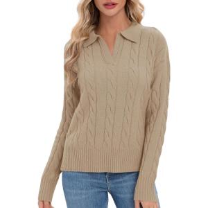 imageUrban CoCo Womens Long Sleeve V Neck Pullover Polo Sweater Tops Cable Knit Sweaters Winter Trendy OutfitsKahki