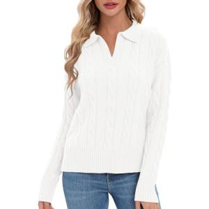 imageUrban CoCo Womens Long Sleeve V Neck Pullover Polo Sweater Tops Cable Knit Sweaters Winter Trendy OutfitsWhite