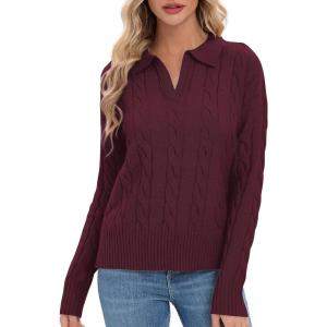 imageUrban CoCo Womens Long Sleeve V Neck Pullover Polo Sweater Tops Cable Knit Sweaters Winter Trendy OutfitsWine Red