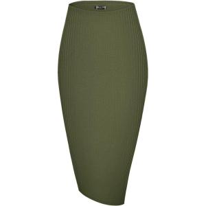 imageUrban CoCo Womens High Waist Stretch Ribbed Knit Pencil Skirt Midi Length with Side Slit Office Work Bodycon StyleArmy Green
