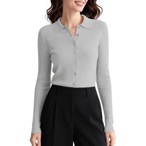 imageUrban CoCo Womens Long Sleeve Button Up Sweater Polo Shirt Collared Knit Cardigan SweatersLight Gray