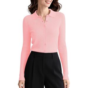 imageUrban CoCo Womens Long Sleeve Button Up Sweater Polo Shirt Collared Knit Cardigan SweatersPink