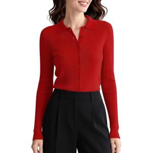 imageUrban CoCo Womens Long Sleeve Button Up Sweater Polo Shirt Collared Knit Cardigan SweatersRed