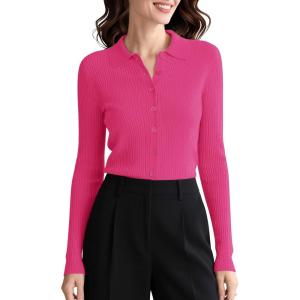 imageUrban CoCo Womens Long Sleeve Button Up Sweater Polo Shirt Collared Knit Cardigan SweatersRose
