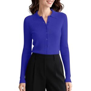 imageUrban CoCo Womens Long Sleeve Button Up Sweater Polo Shirt Collared Knit Cardigan SweatersRoyal Blue