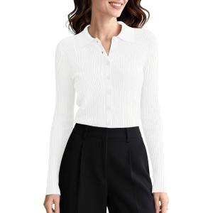 imageUrban CoCo Womens Long Sleeve Button Up Sweater Polo Shirt Collared Knit Cardigan SweatersWhite