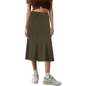 imageUrban CoCo Womens Elastic High Waist ALine Flared Midi Skirt Solid Ribbed Knit SkirtsArmy Green