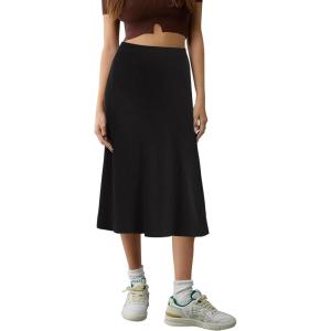 imageUrban CoCo Womens Elastic High Waist ALine Flared Midi Skirt Solid Ribbed Knit SkirtsBlack
