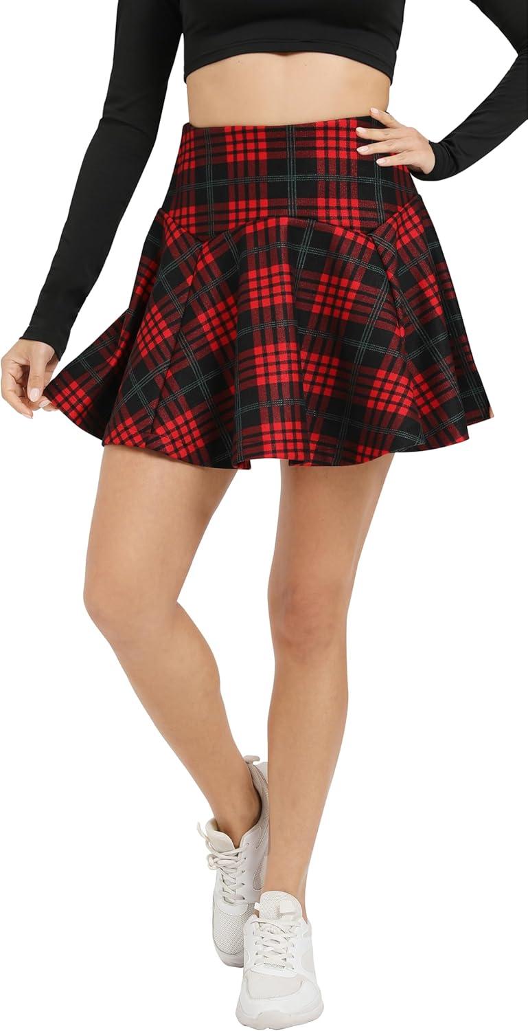 imageUrban CoCo Womens Vintage Elastic Waist Plaid Flared Mini Skater SkirtBlack Red