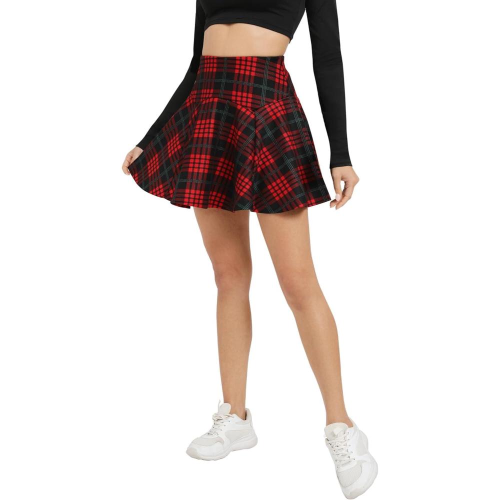 imageUrban CoCo Womens Vintage Elastic Waist Plaid Flared Mini Skater SkirtBlack Red