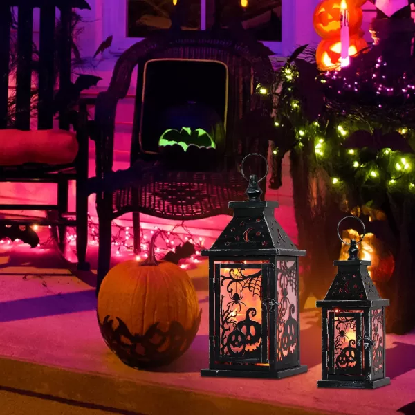 DECORKEY Halloween Decorations Indoor 147quot Decorative SpiderampampPumpkin Candle Lantern with 78quot LED Lights8 Modes Hanging Spooky Halloween Lanterns Outdoor Home Room Door Party DecorOrange Red Spider  Pumpkin 2pcs