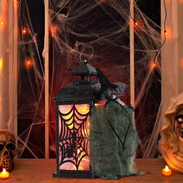 DECORKEY Halloween Decorations Indoor 147quot Spider Web Candle Glitter Lantern with LED Lights 8 Modes Hanging Halloween Lanterns with Witch Outdoor Home Room Table Party Hocus Pocus DecorOrange Red Spider Web  Witch