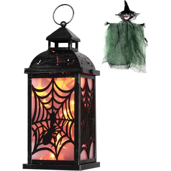 DECORKEY Halloween Decorations Indoor 147quot Spider Web Candle Glitter Lantern with LED Lights 8 Modes Hanging Halloween Lanterns with Witch Outdoor Home Room Table Party Hocus Pocus DecorOrange Red Spider Web  Witch