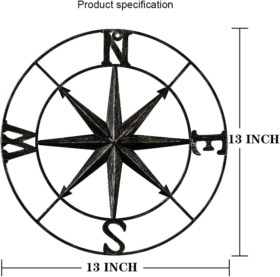 DECORKEY 13quot Compass Wall Decor Decorative Round Metal Compass Distressed Wall Dcor Nautical Wall Decor for Indoor Outdoor Beach House Decor Nursery Decor Lake House