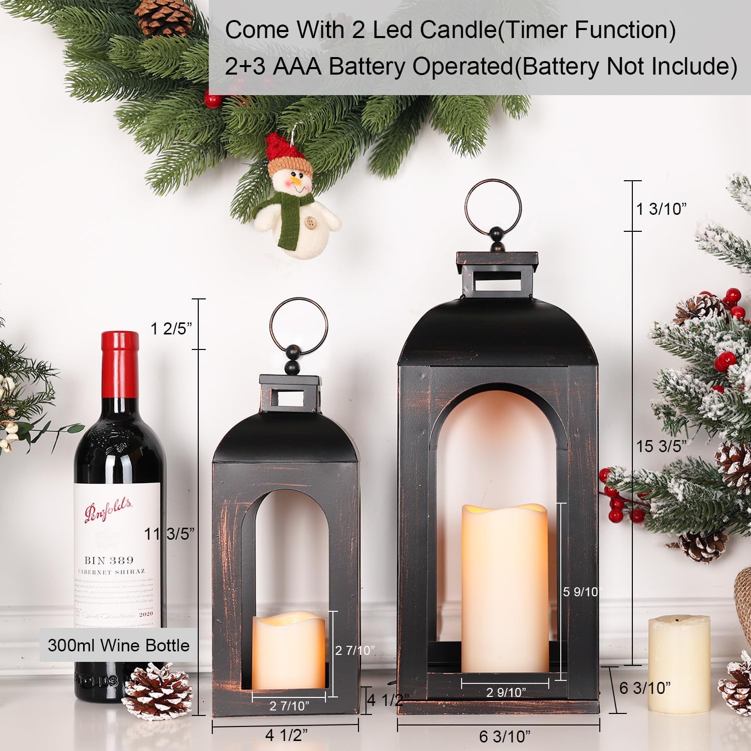 DECORKEY LED Lantern Decorative OutdoorampampIndoor Set of 2 17ampamp13 Black Metal Lanterns Decor Vintage Hanging Candle Holder for Home Porch Wedding Halloween Christmas Decorations Battery PoweredLedblack  Stripe