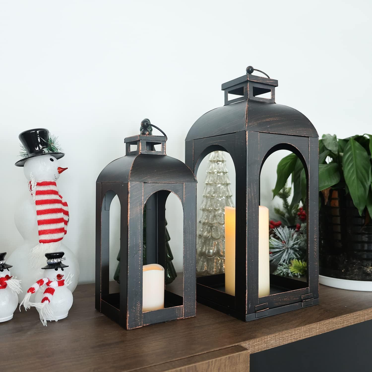 DECORKEY LED Lantern Decorative OutdoorampampIndoor Set of 2 17ampamp13 Black Metal Lanterns Decor Vintage Hanging Candle Holder for Home Porch Wedding Halloween Christmas Decorations Battery PoweredLedblack  Stripe