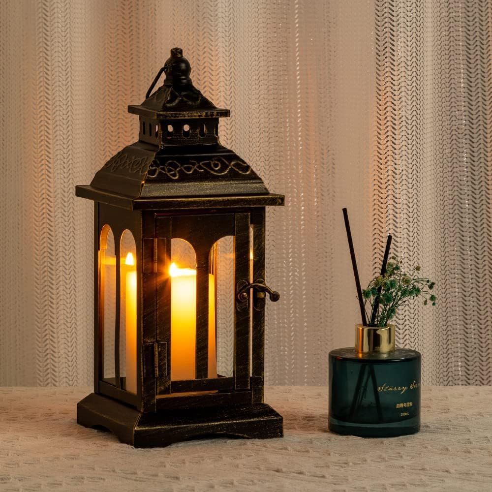 DECORKEY Lanterns Decorative Indoor ampamp Outdoor Medium Hanging Home Decor Vintage Metal Decorative Candle Lanterns for Outdoor Patio Wedding Party White with Black BrushBlack 