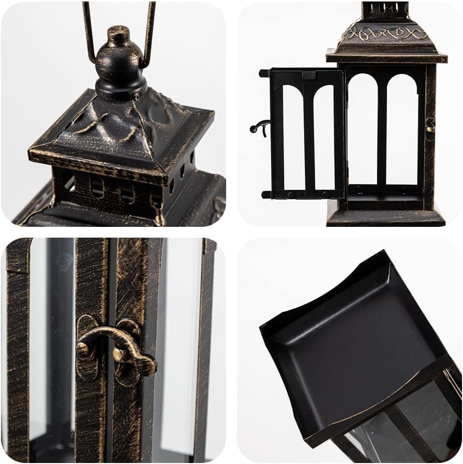 DECORKEY Lanterns Decorative Indoor ampamp Outdoor Medium Hanging Home Decor Vintage Metal Decorative Candle Lanterns for Outdoor Patio Wedding Party White with Black BrushBlack 