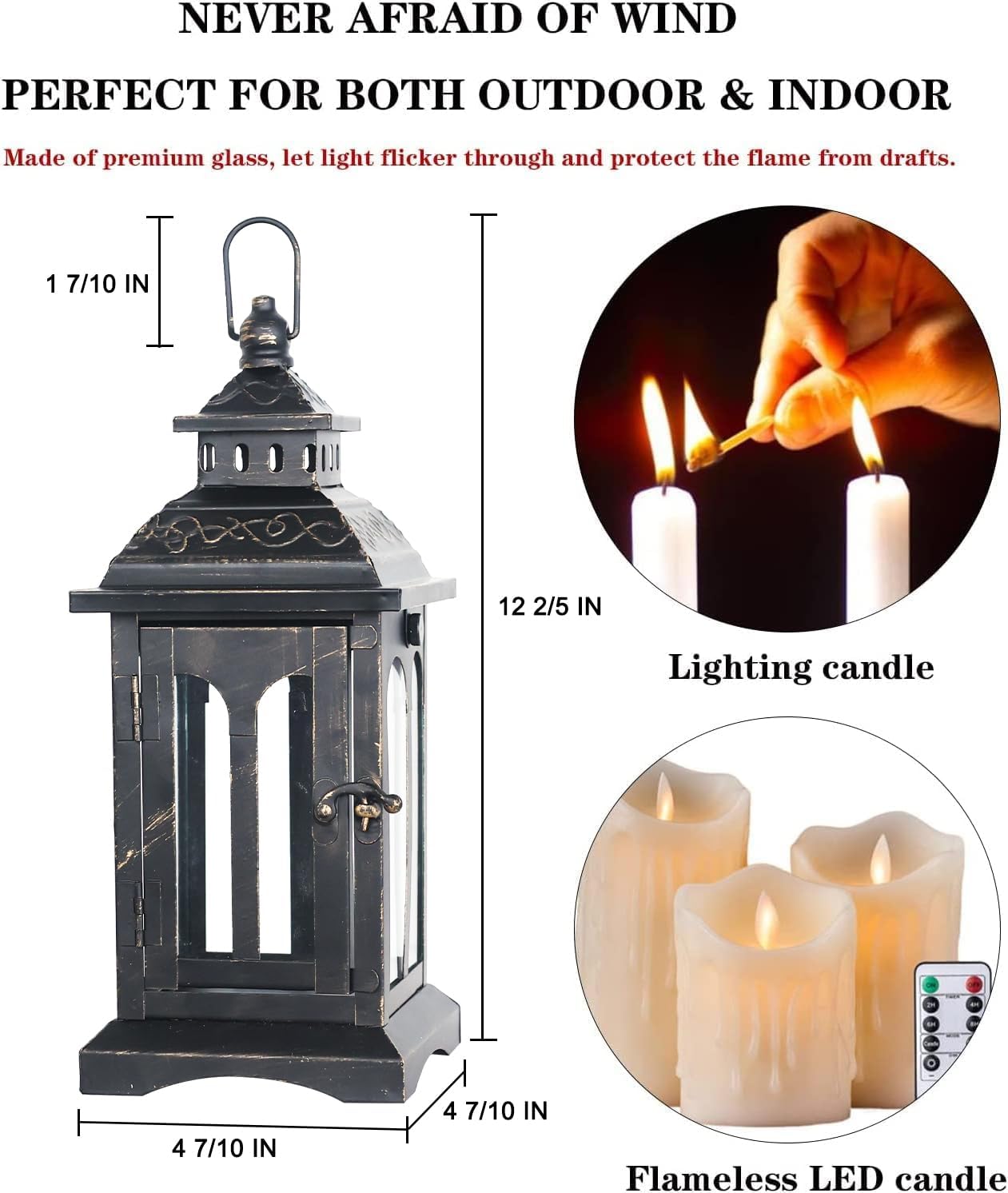DECORKEY Lanterns Decorative Indoor ampamp Outdoor Medium Hanging Home Decor Vintage Metal Decorative Candle Lanterns for Outdoor Patio Wedding Party White with Black BrushBlack 