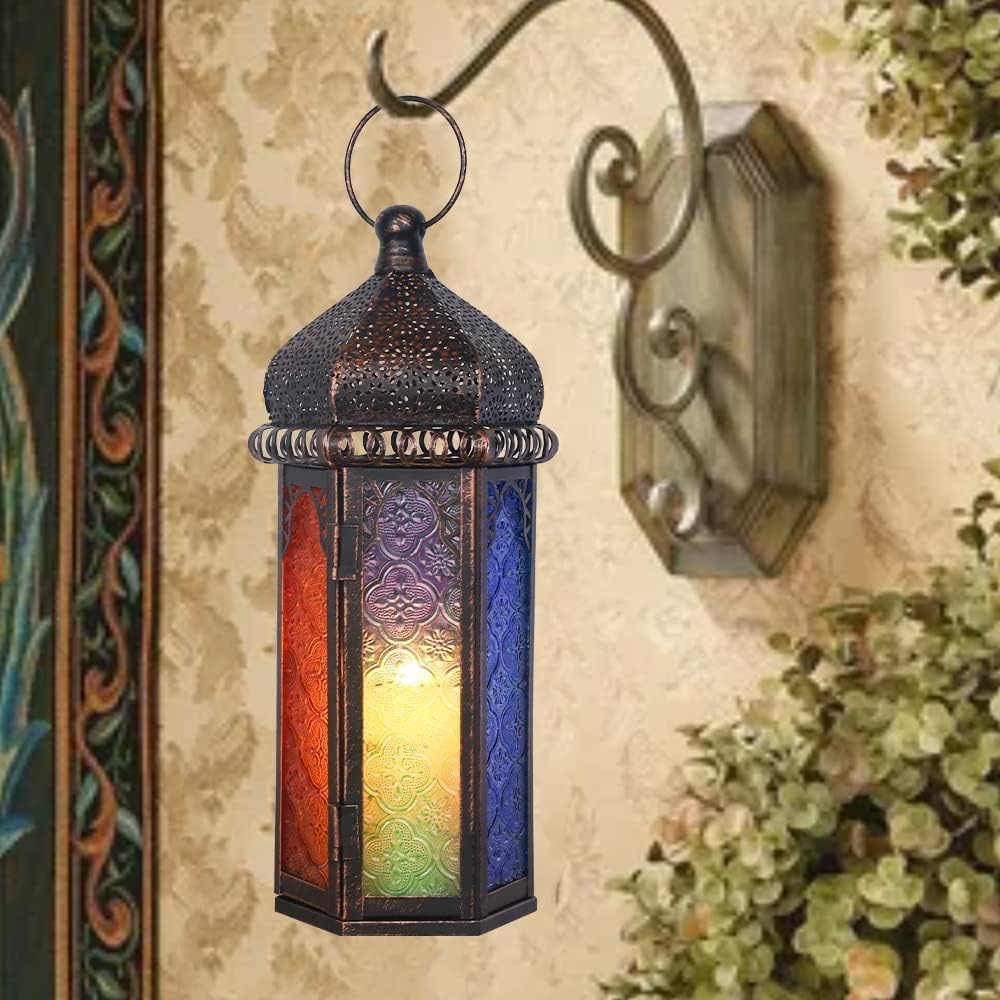 DECORKEY Vintage Candle Lantern Decorative IndoorampampOutdoor 147 Moroccan HangingampampTabletop Lantern with 6 Colors Glass Metal Christmas Halloween Ramadan Decorations for Home Front Porch Patio DecorColorful 2