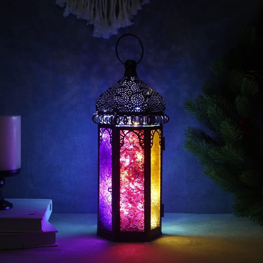 DECORKEY Vintage Candle Lantern Decorative IndoorampampOutdoor 147 Moroccan HangingampampTabletop Lantern with 6 Colors Glass Metal Christmas Halloween Ramadan Decorations for Home Front Porch Patio DecorColorful 2