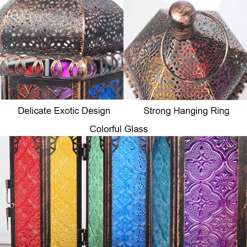 DECORKEY Vintage Candle Lantern Decorative IndoorampampOutdoor 147 Moroccan HangingampampTabletop Lantern with 6 Colors Glass Metal Christmas Halloween Ramadan Decorations for Home Front Porch Patio DecorColorful 2