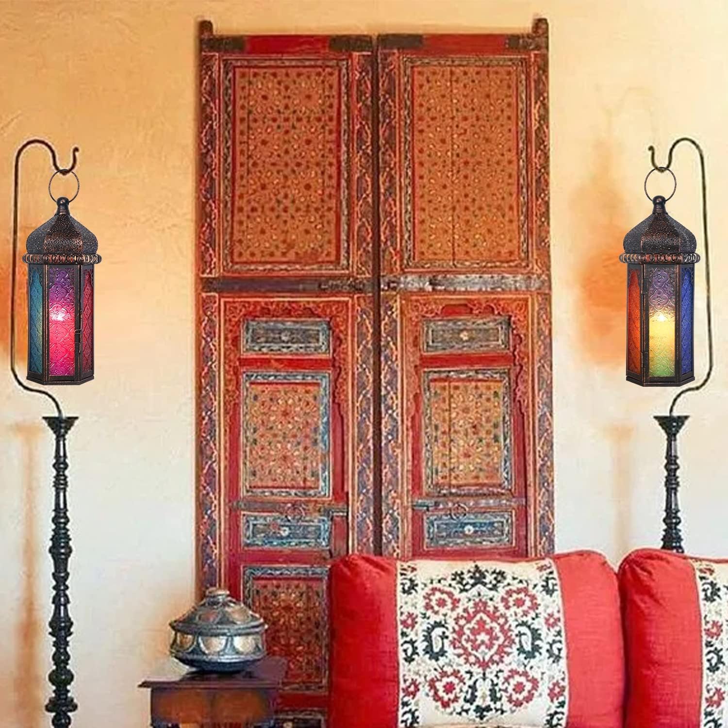 DECORKEY Vintage Candle Lantern Decorative IndoorampampOutdoor 147 Moroccan HangingampampTabletop Lantern with 6 Colors Glass Metal Christmas Halloween Ramadan Decorations for Home Front Porch Patio DecorColorful 2