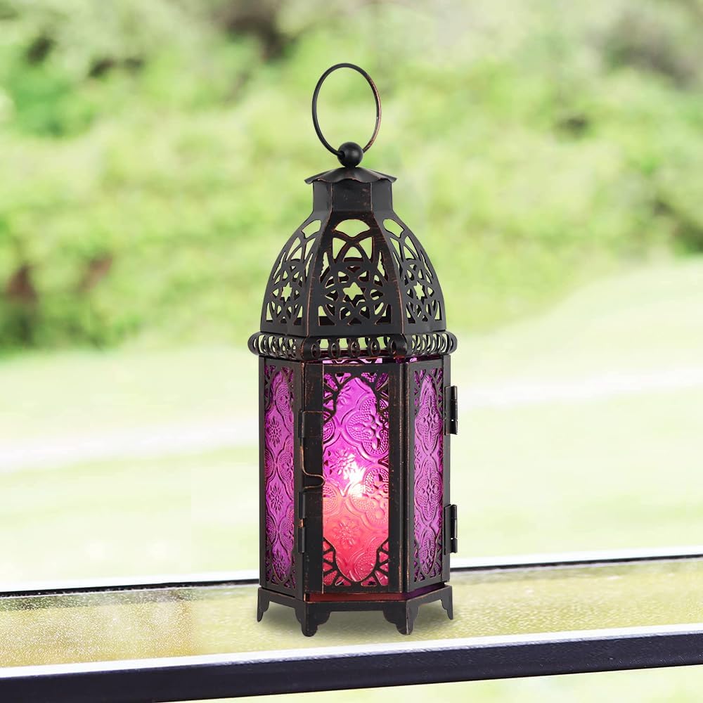 DECORKEY Vintage Large Size Decorative Moroccan Candle Lantern 128 Metal HangingampampTabletop Lantern Candle Holder Decor Halloween Christmas Ramadan Decorations for Home Indoor Outdoor Patio AmberBlue