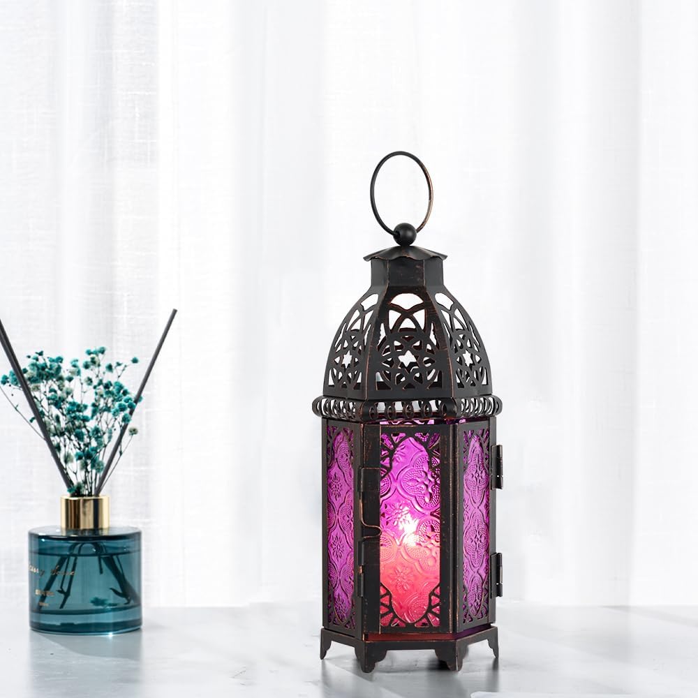 DECORKEY Vintage Large Size Decorative Moroccan Candle Lantern 128 Metal HangingampampTabletop Lantern Candle Holder Decor Halloween Christmas Ramadan Decorations for Home Indoor Outdoor Patio AmberBlue