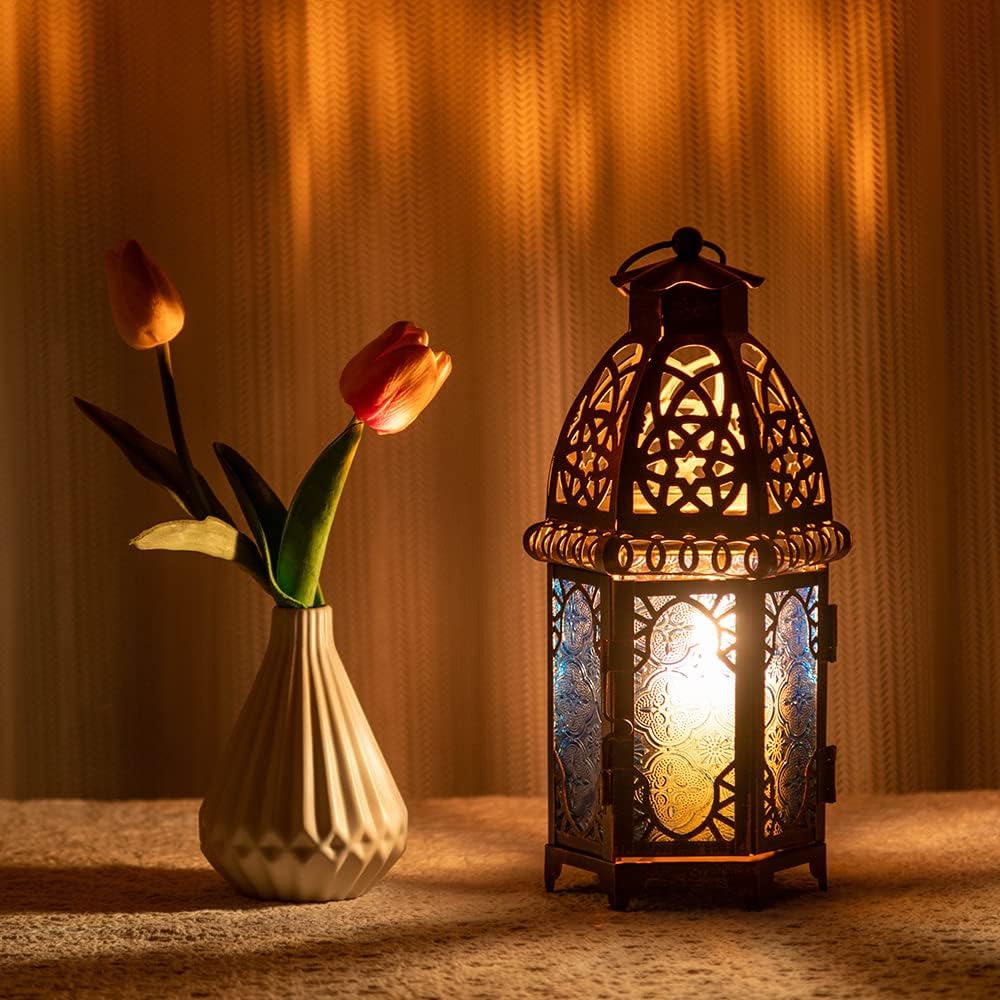 DECORKEY Vintage Large Size Decorative Moroccan Candle Lantern 128 Metal HangingampampTabletop Lantern Candle Holder Decor Halloween Christmas Ramadan Decorations for Home Indoor Outdoor Patio AmberBlue