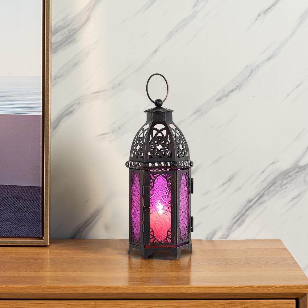 DECORKEY Vintage Large Size Decorative Moroccan Candle Lantern 128 Metal HangingampampTabletop Lantern Candle Holder Decor Halloween Christmas Ramadan Decorations for Home Indoor Outdoor Patio AmberBlue