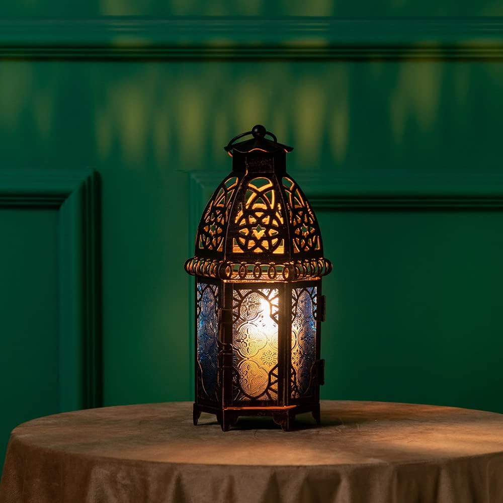 DECORKEY Vintage Large Size Decorative Moroccan Candle Lantern 128 Metal HangingampampTabletop Lantern Candle Holder Decor Halloween Christmas Ramadan Decorations for Home Indoor Outdoor Patio AmberBlue