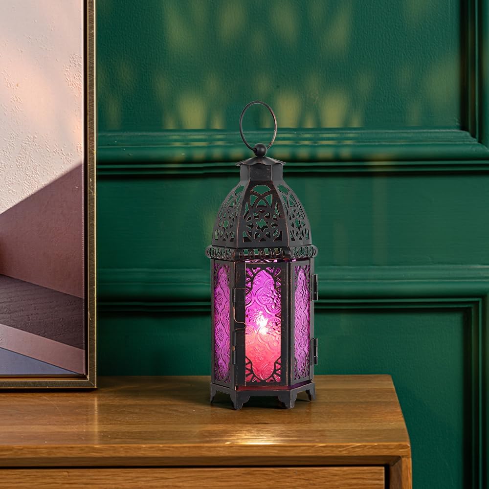 DECORKEY Vintage Large Size Decorative Moroccan Candle Lantern 128 Metal HangingampampTabletop Lantern Candle Holder Decor Halloween Christmas Ramadan Decorations for Home Indoor Outdoor Patio AmberBlue
