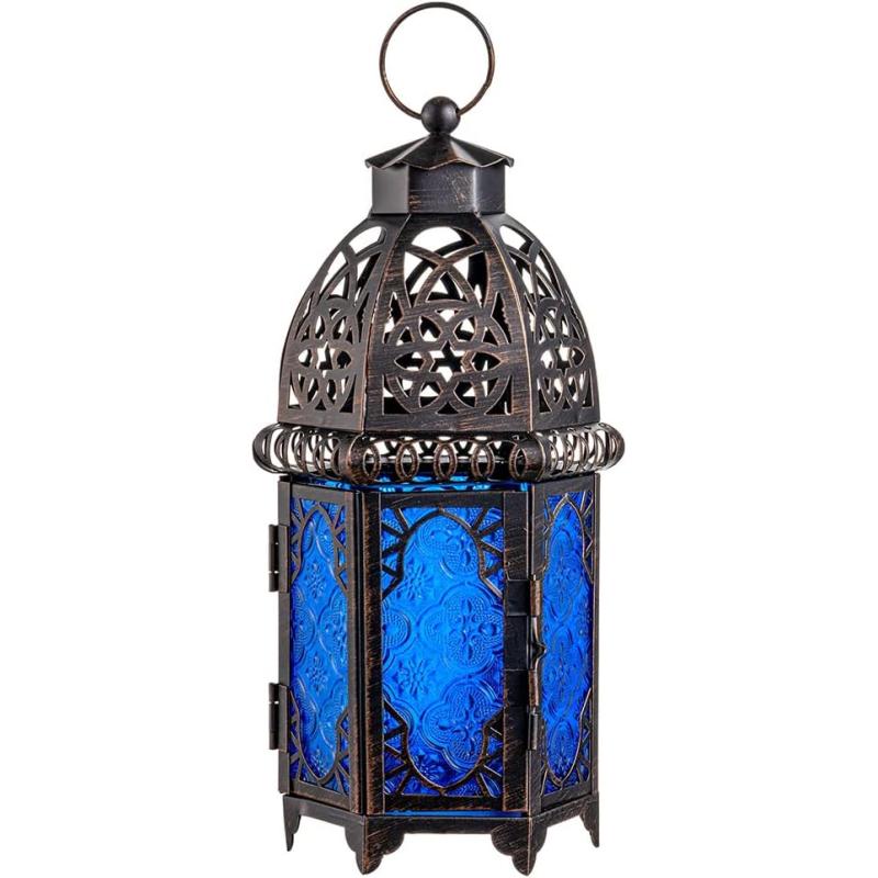 DECORKEY Vintage Large Size Decorative Moroccan Candle Lantern 128 Metal HangingampampTabletop Lantern Candle Holder Decor Halloween Christmas Ramadan Decorations for Home Indoor Outdoor Patio AmberBlue