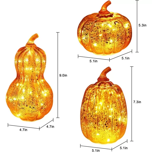 DECORKEY Fall Decorations for Home Set of 3 Glass Pumpkin with LED Lights Thanksgiving Table Decor Timer Lighted Pumpkin Decorations for Indoor Fall Mantel Decorating Orange