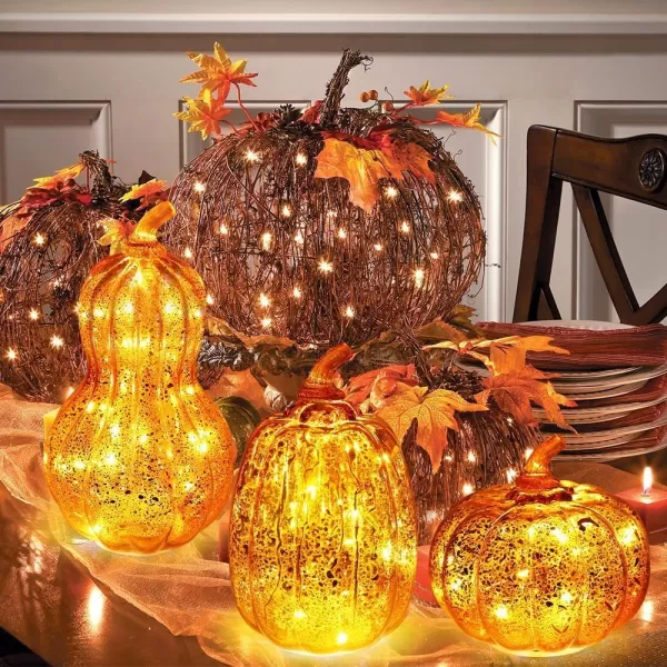 DECORKEY Fall Decorations for Home Set of 3 Glass Pumpkin with LED Lights Thanksgiving Table Decor Timer Lighted Pumpkin Decorations for Indoor Fall Mantel Decorating Orange