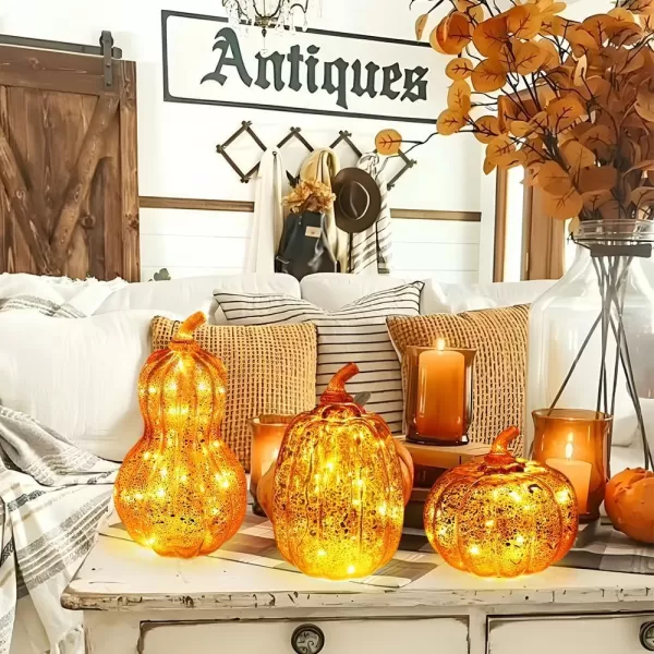 DECORKEY Fall Decorations for Home Set of 3 Glass Pumpkin with LED Lights Thanksgiving Table Decor Timer Lighted Pumpkin Decorations for Indoor Fall Mantel Decorating Orange